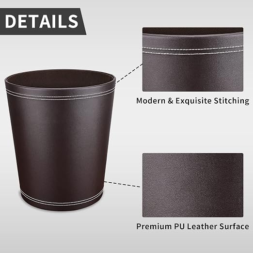 Pu Leather Trash Can for Bedroom, 2.6 Gallon Wastebasket for Office, Small - Image 3