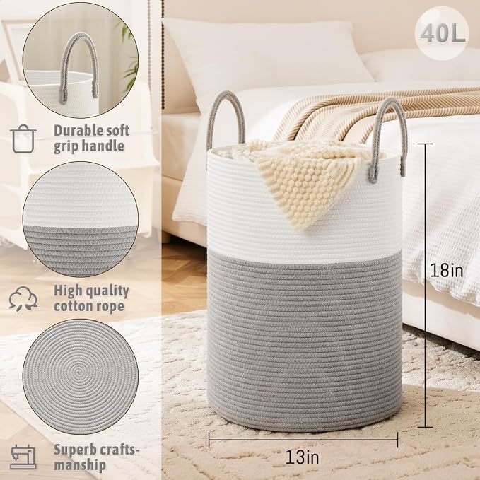 Laundry Basket, Woven Cotton Rope Laundry Hamper, 40L - Image 6