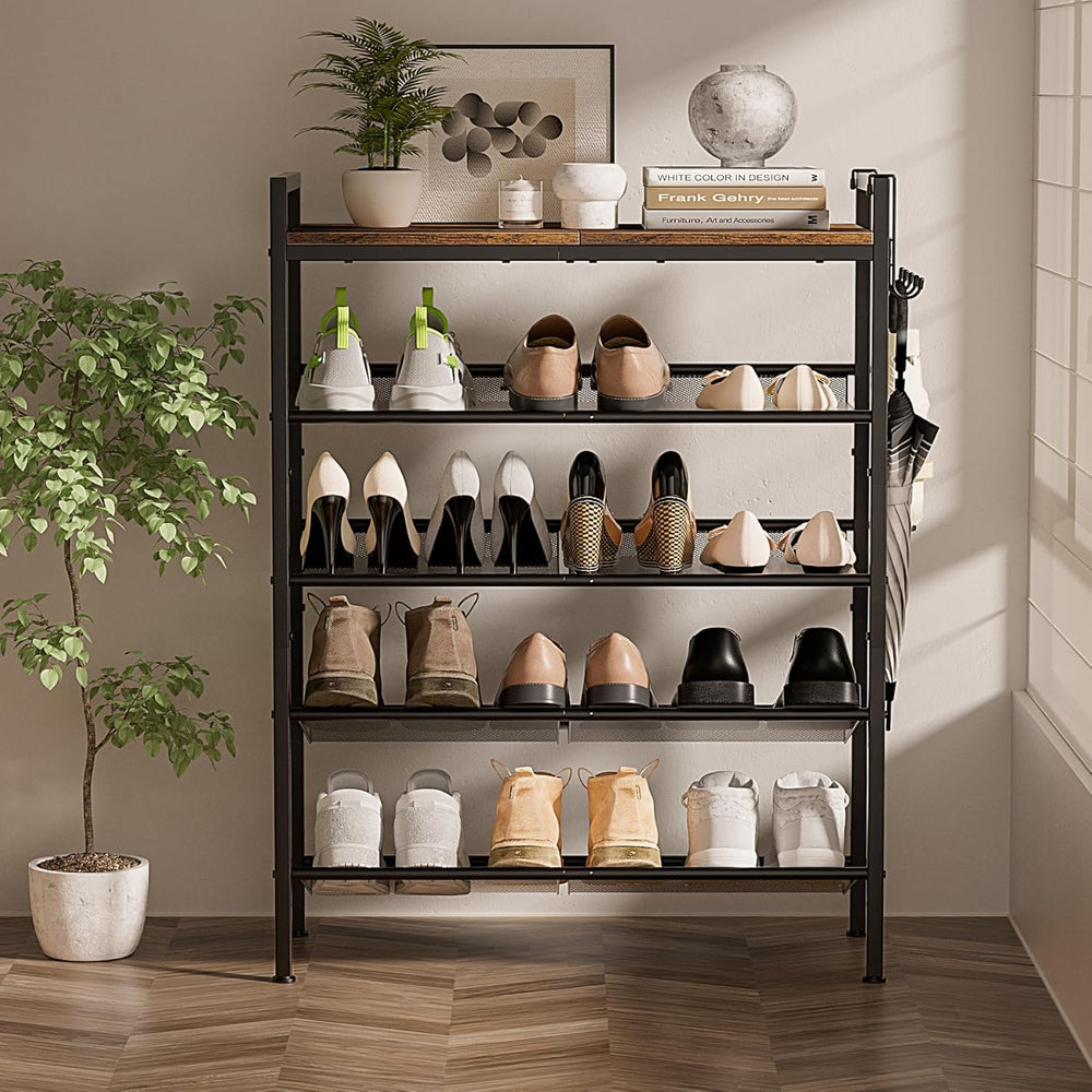 5 Tier Shoe Rack, Shoe Rack for Entryway with Hook, Shoe Organizer with Adjus...