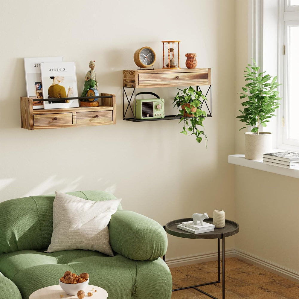 Floating Shelves with Drawer Set of 2, Wall Baskets, Bathroom Shelf with Prot...