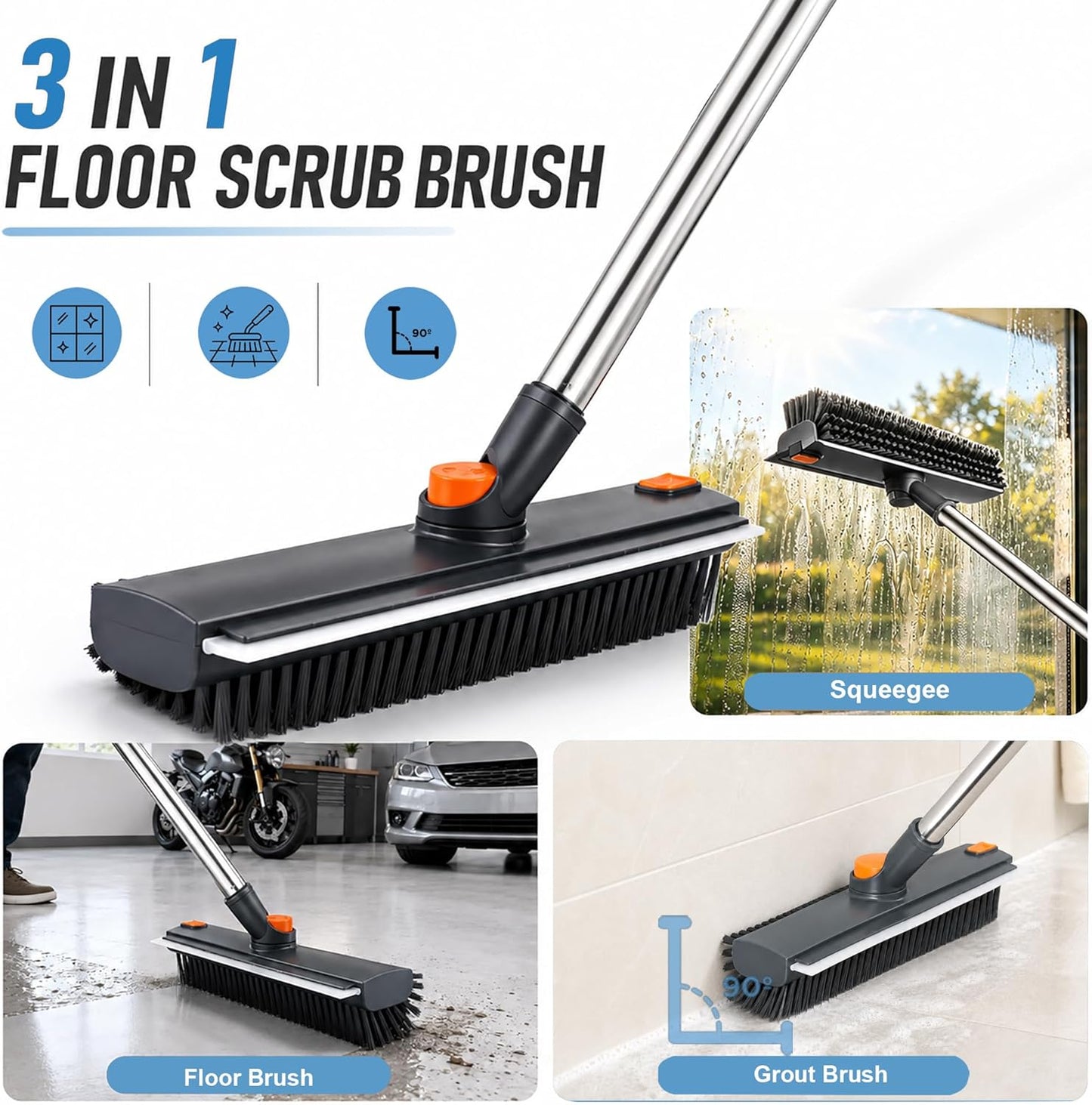 Floor Scrub Brush with Long Handle, 3 in 1 Floor Scrubber, Heavy Duty Stiff Bristle Squeegee Broom for Cleaning Shower Bathroom, Tile, Patio, Pool, Garage, Kitchen and Deck, Grey