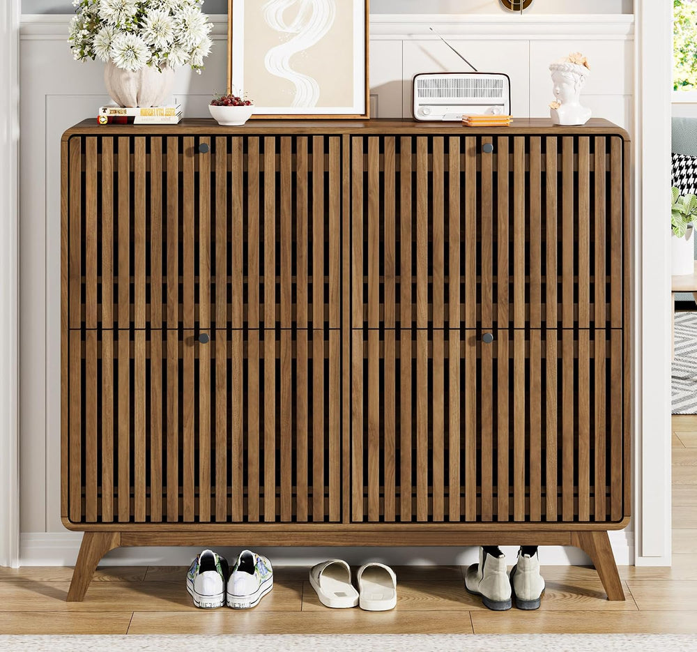Jluomei Large Shoe Cabinet for Entryway, Bamboo Narrow Shoe Cabinet Storage w...