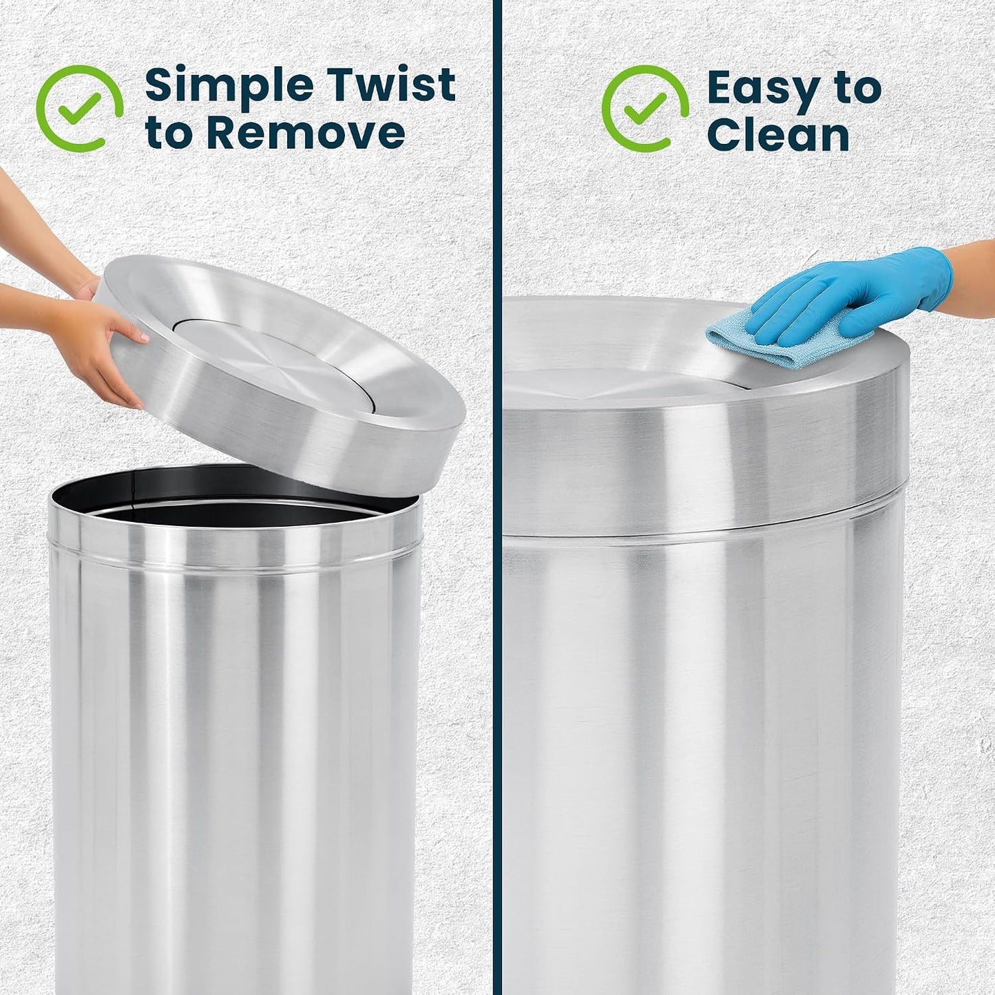 Alpine Swing Lid Commercial Stainless Steel Trash Can – Open Top 50-Gallon Heavy-Duty Garbage Can, Modern, Round, Large Waste Receptacle for Indoor Use High-Traffic Areas - Brushed Silver