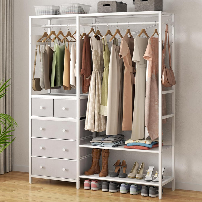 Freestanding Clothes Rack with 5 Drawers & 4 Storage Shelves,2 Hanging Rods