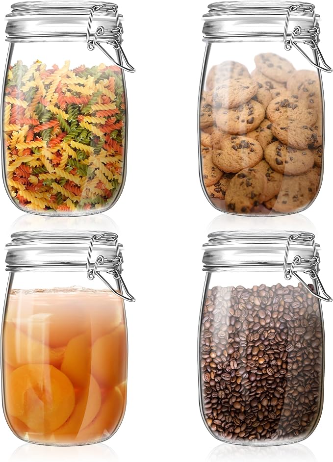 Glass Food Storage Jars with Airtight Lids 34 oz Round 4 Pack Kitchen Storage by ButterMelt