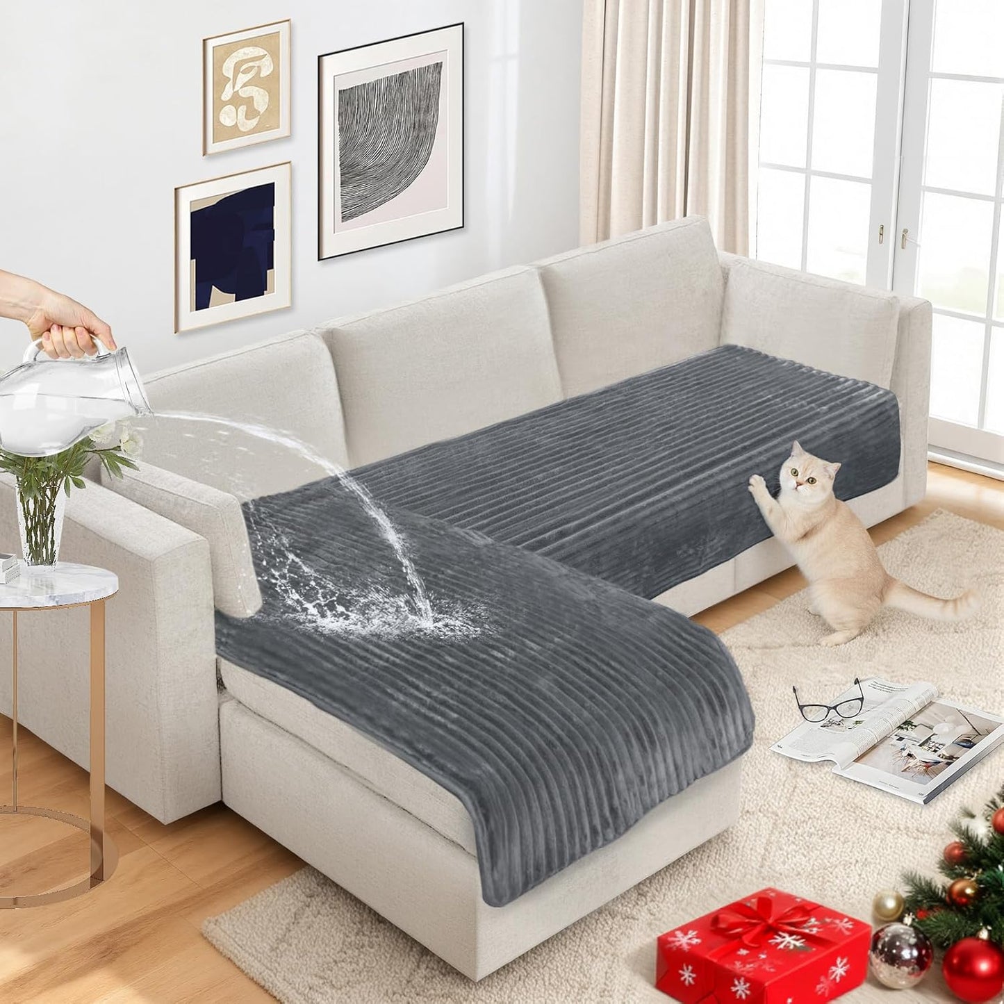 NAISI Couch Covers for Dogs Waterproof Flannel Striped Sofa Cover Pet Friendly Washable Dog Mat for Couch Anti Slip Sectional Sofa Slipcover Protector(2pcs/35"x63"+35"x70",Dark Grey)