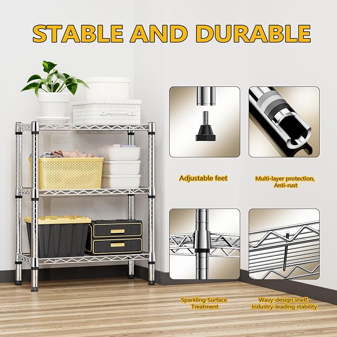 750 lbs 3 Tier Shelf Metal Storage Shelves Wire Rack Closet Organizers - Image 7
