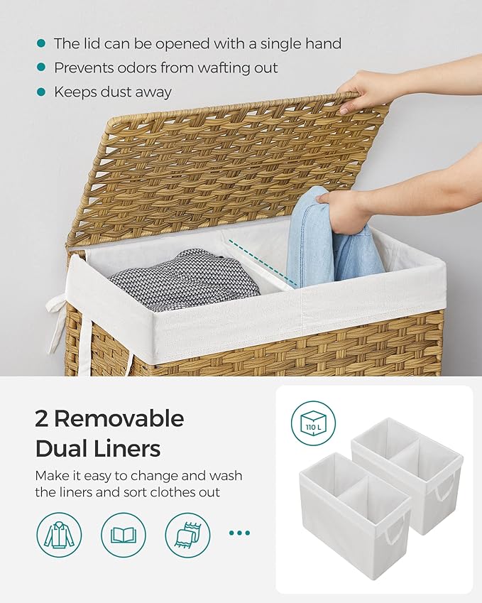 SONGMICS Laundry Hamper with Lid, 110L Clothes Hamper with 2 Removable Liner - Image 3