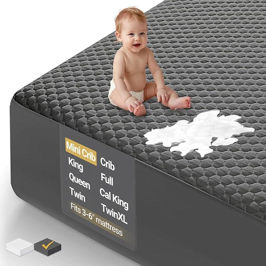 OhGeni Waterproof Mattress Protector, Mini Crib-Gray, Fitted Sheet by OhGeni