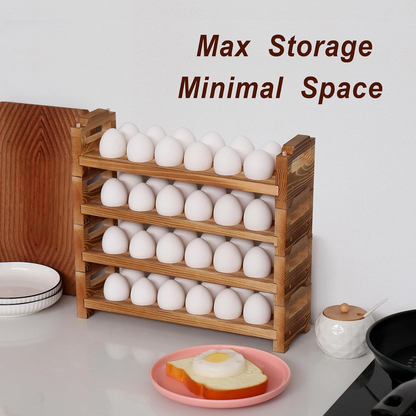Wooden Egg Holder Countertop, Stackable Egg Organizer, 4-Tier 48 Eggs | Solid natural wood egg holder, farmhouse style. 4-tier stackable saves space. Countertop & fridge use. No chemical coating.