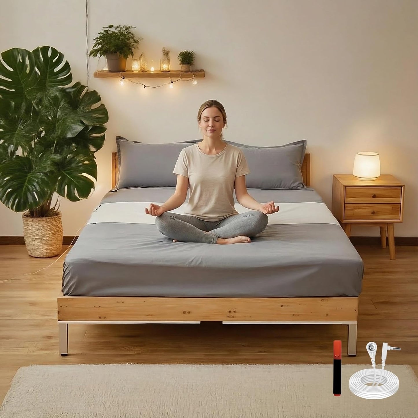 EarthingWell Grounding Sheet for Bed, Grounding Bed Sheet with Silver Fiber & Organic Cotton for Deep Rest, Earthing Sheet Strip with 15.5 ft Grounded Cord, Fits Full Queen King Beds (20" x 104")