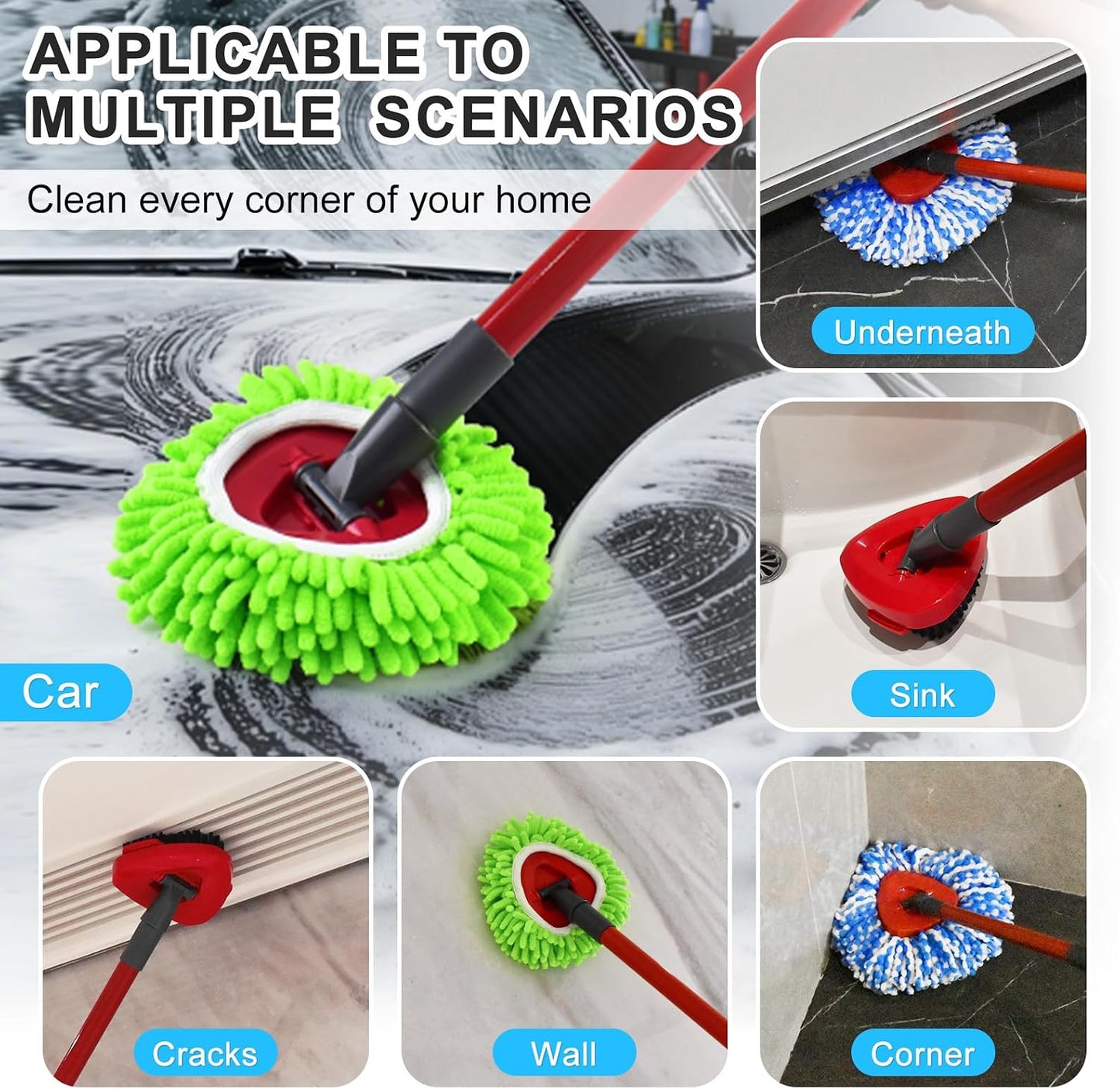 Mop Head Replacement for O Cedar, Spin Mop Replacement Head for Ocedar Easywring 2 Tank System, Mop Heads Includeds 3 Mop Replacement Heads, 2 Spin Scrub Brush, 1 Base & 1 Chenille Pad