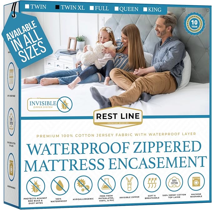 Twin XL Size 39x80” Premium Waterproof Zippered Mattress Encasement, 100% Cotton by RestLine