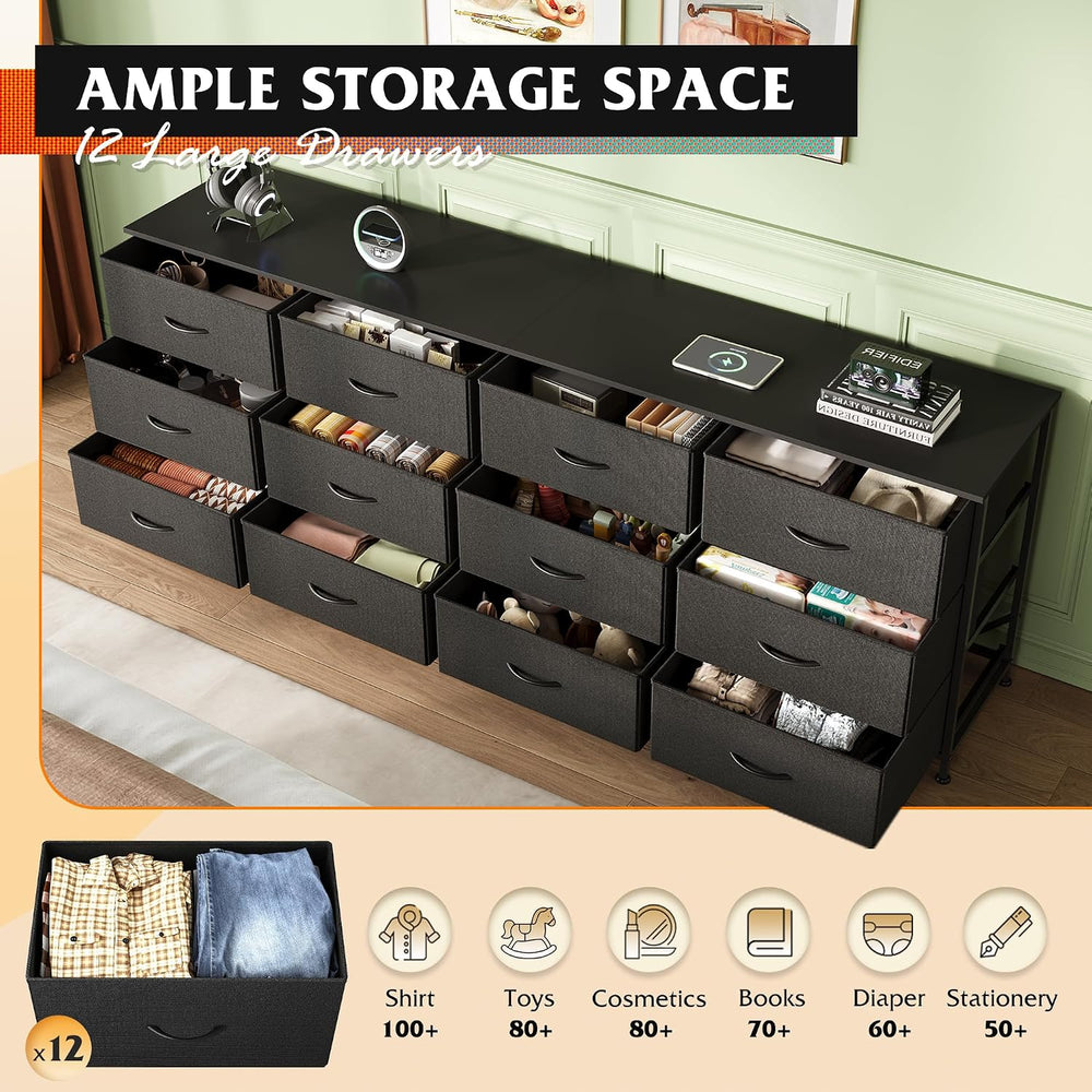 WLIVE Long Dresser TV Stand for 85 Inch TV, 12 Drawer Dresser, Black