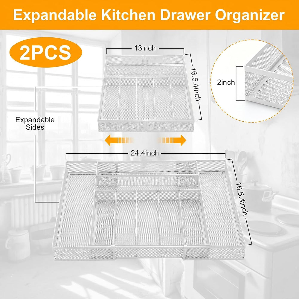 2 Pcs Utensil Drawer Silverware Organizer, Metal Mesh Expandable 13" 24&...