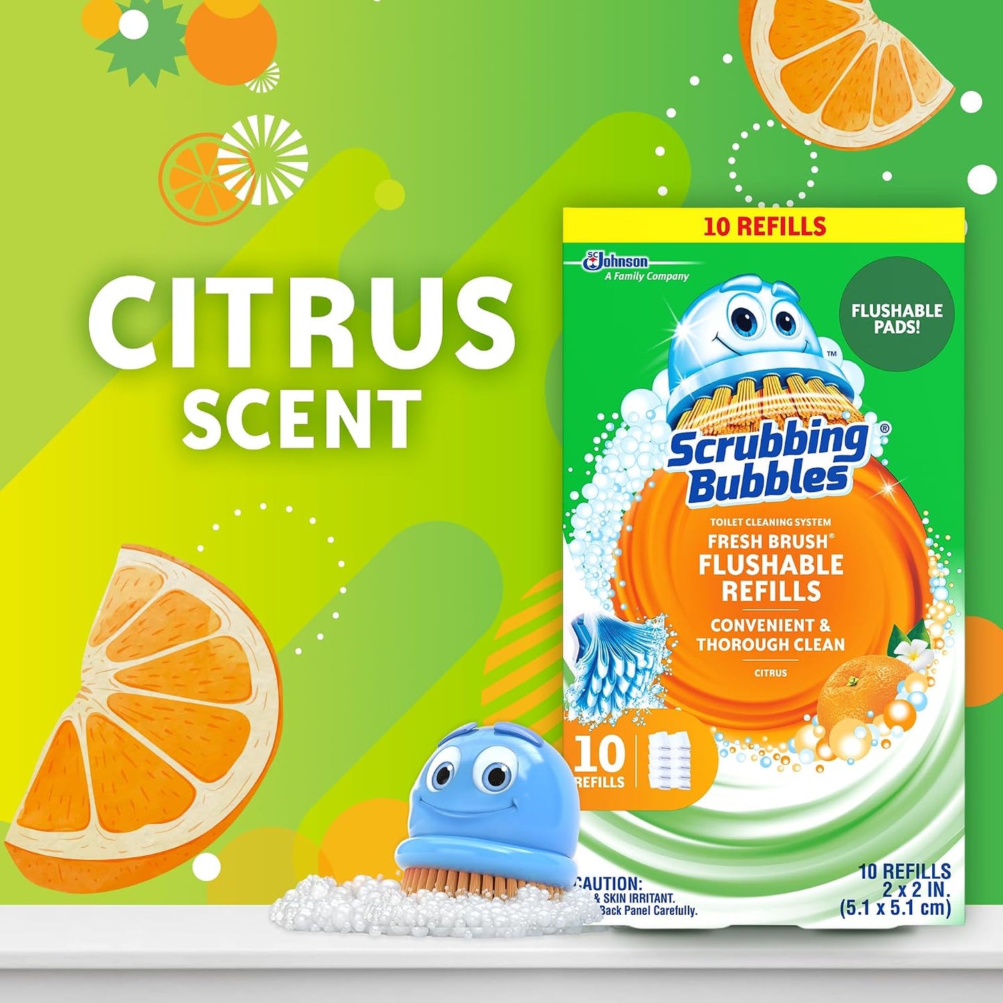 Scrubbing Bubbles Flushable Toilet Bowl Wand Cleaner Refills, Fresh Brush Cleaner Toilet Refill Pads, Removes Limescale & Odors, Citrus Scent, 10 Count (Pack of 12)
