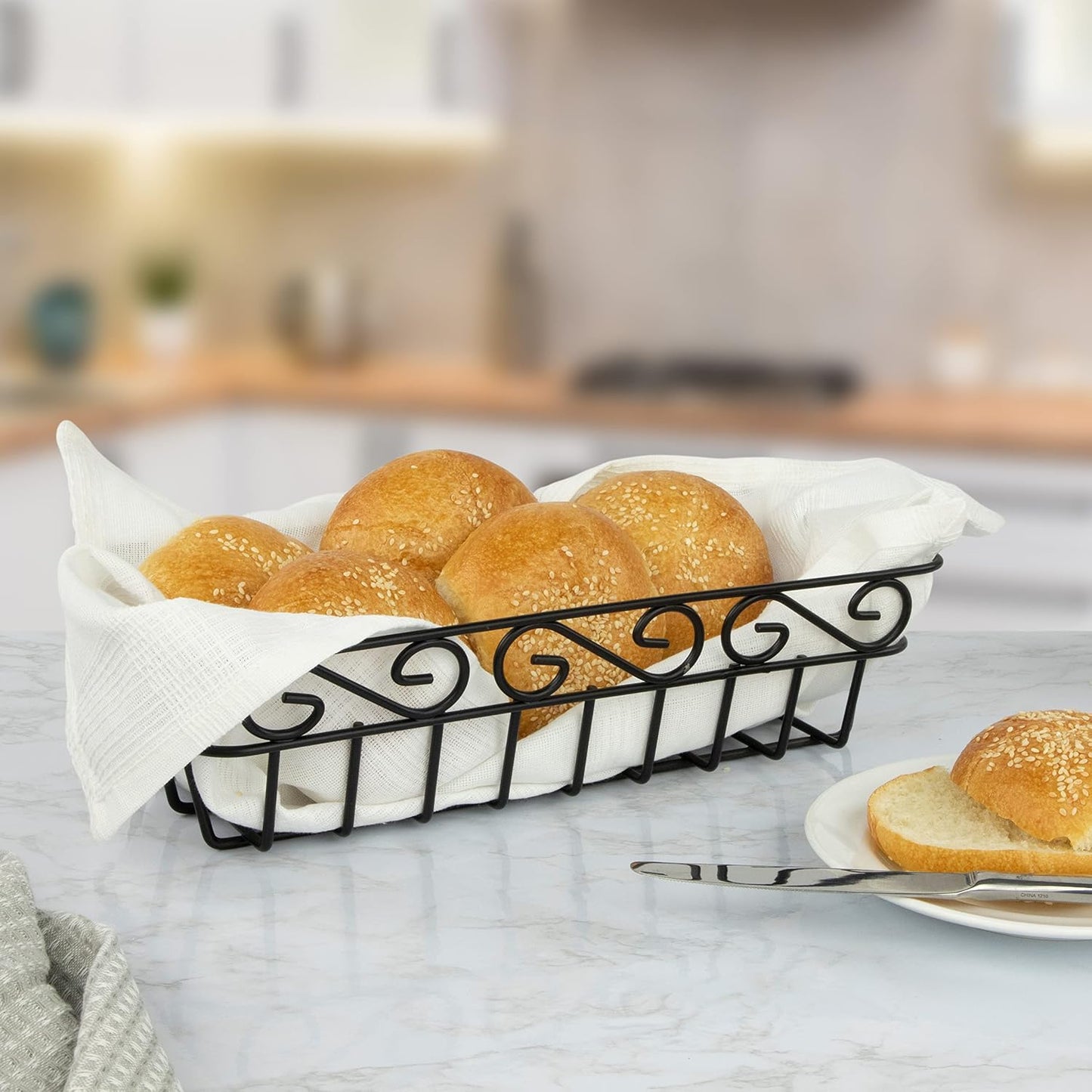 Spectrum Scroll Wire Bread Basket for Serving Breads Rolls Buns Snacks & Baked Foods, Decorative Metal Wire Dinner Roll Table Basket Kitchen Counter Organizer, Black