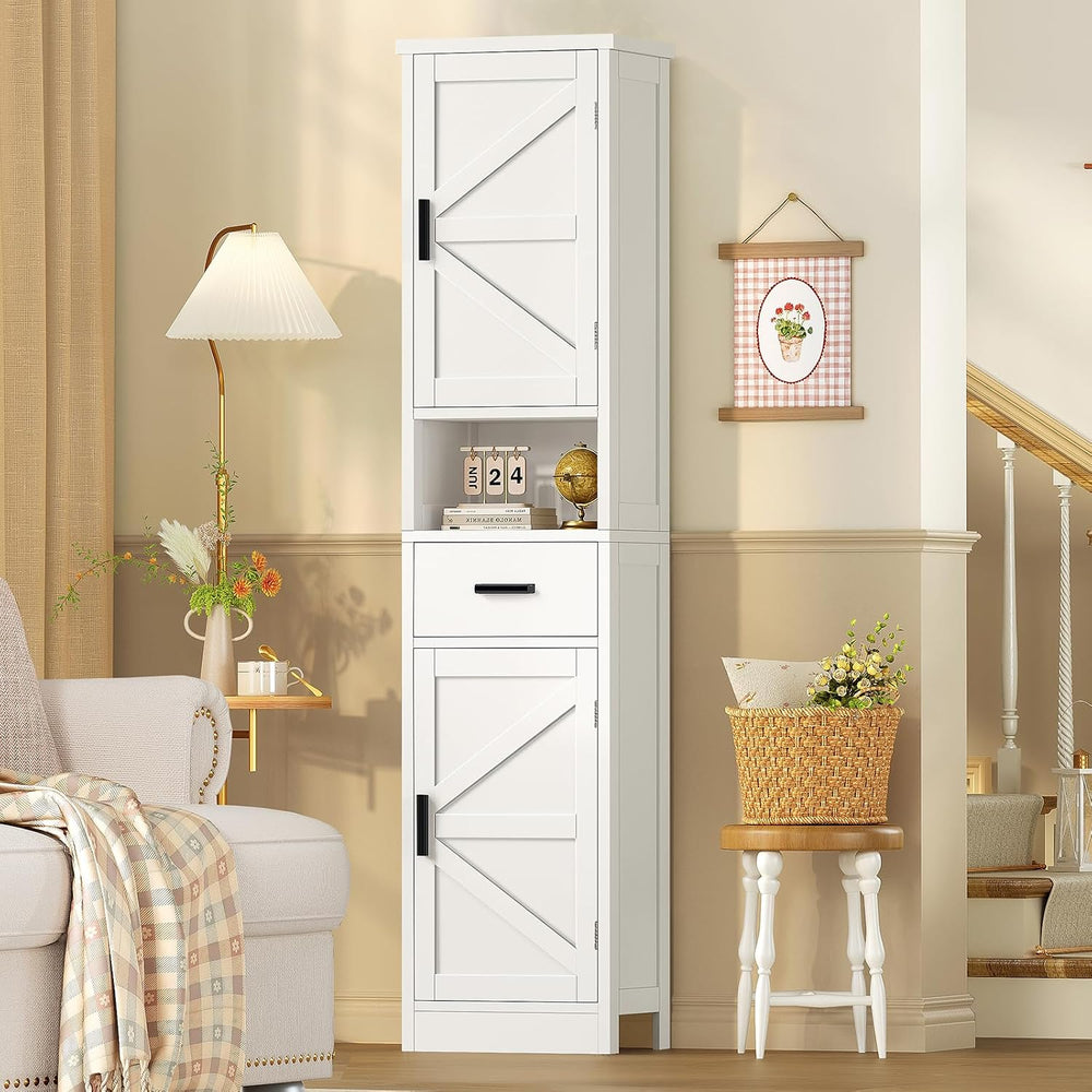 TEENFON 67" H Tall Bathroom Storage Cabinet with Barn Doors and Drawer