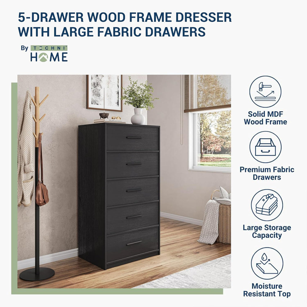 5-Drawer Dresser w/Fabric Drawers, Modern, Storage Chest,Black