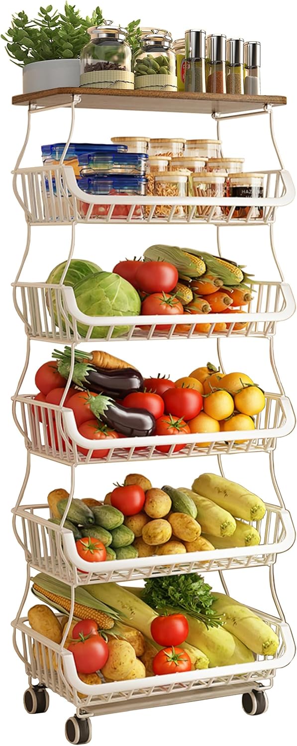 MURRI&MURRDI Fruit Vegetable Storage Basket with Wooden Lid, 6 Tier Stack...