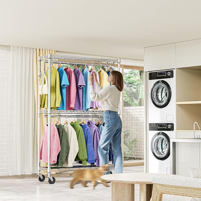 Heavy Duty Rolling Garment Rack 3 Tiers Adjustable Wire Shelving Clothes Rack - Image 7