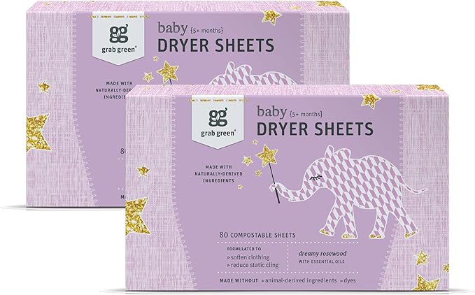 Grab Green Baby Laundry Dryer Sheets, 160 Sheets, Dreamy Rosewood Scent by GrabGreen
