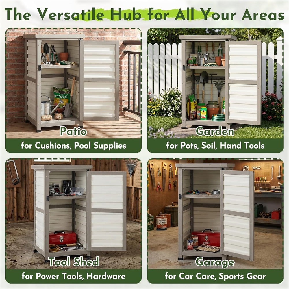 Small Outdoor Storage Cabinet with Waterproof Metal Top, White Wood & Pla...