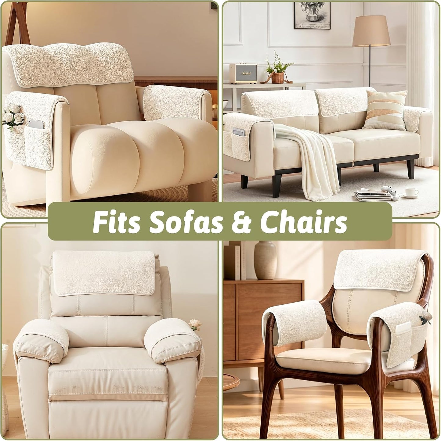 Universal Sherpa Recliner & Armchair Covers with Pockets, Soft Sofa Armrest Backrest Protectors, Pet Friendly Washable Arms Caddy Slipcovers for 3-Cushion Couch, Ivory