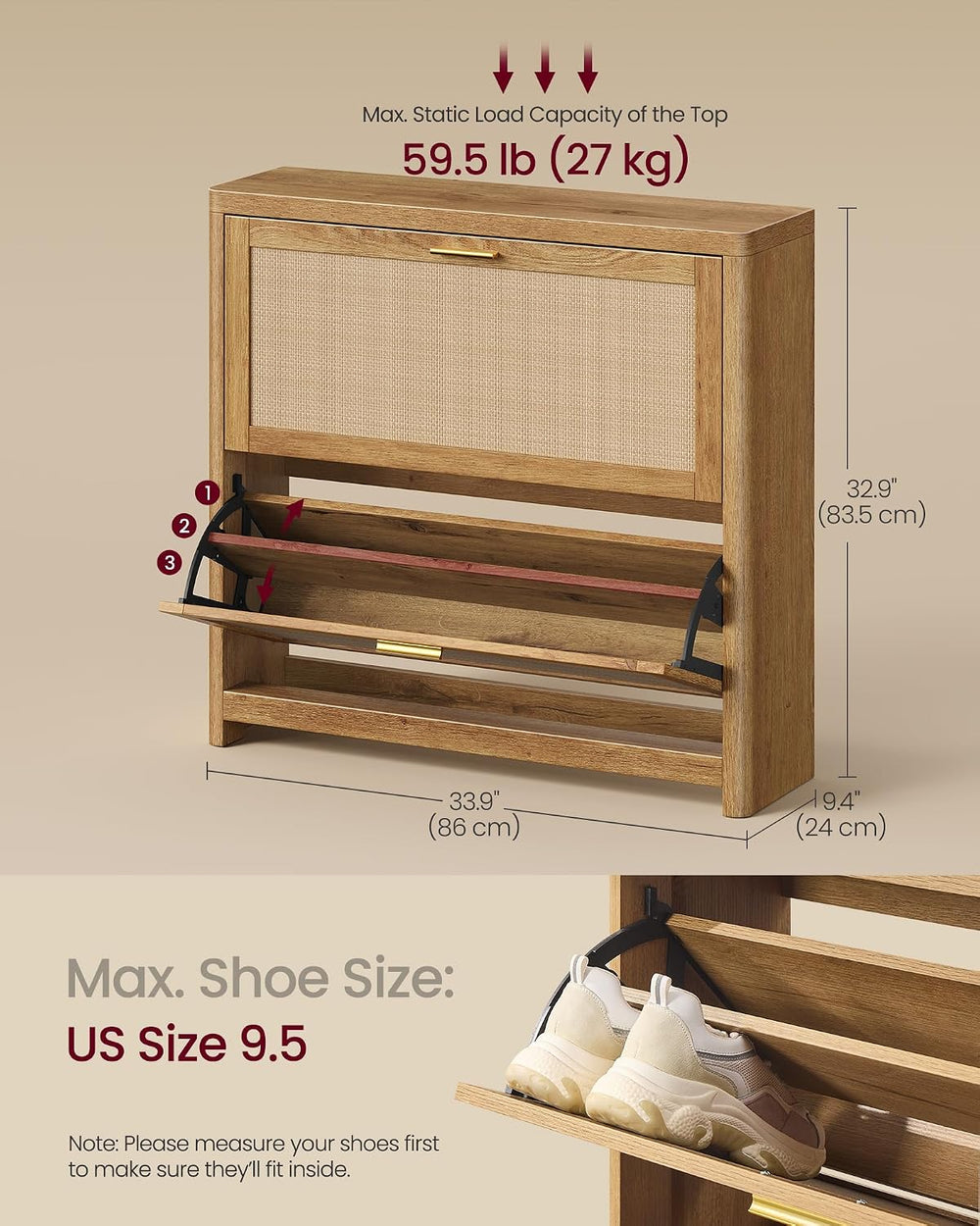 VASAGLE Boho Shoe Storage Cabinet, Slim, Rattan-Look Flip Drawers