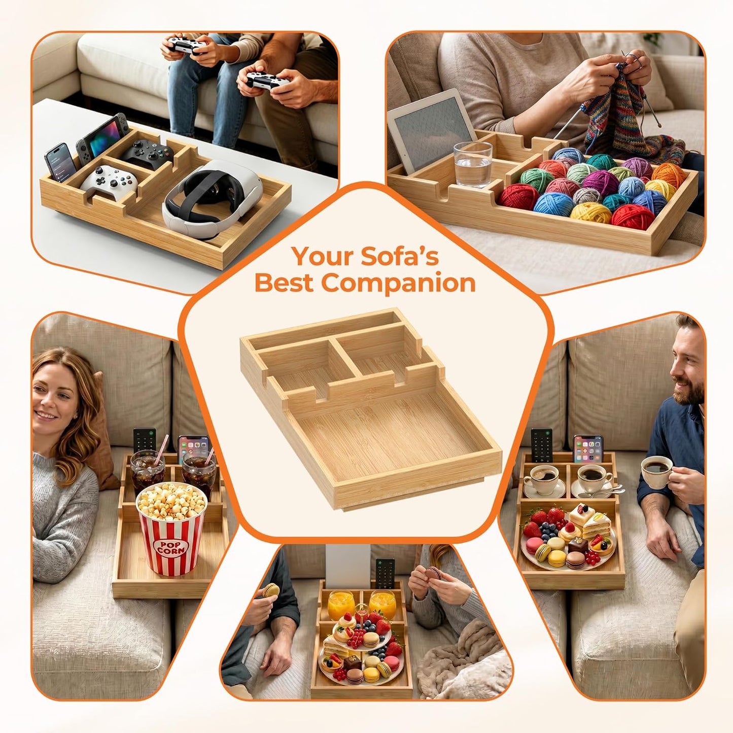 Couch Tray Insert for Middle Seat, Bamboo Couch Table with 2 Cup Holders, Natural, Fits Armless Sofa & Sectionals