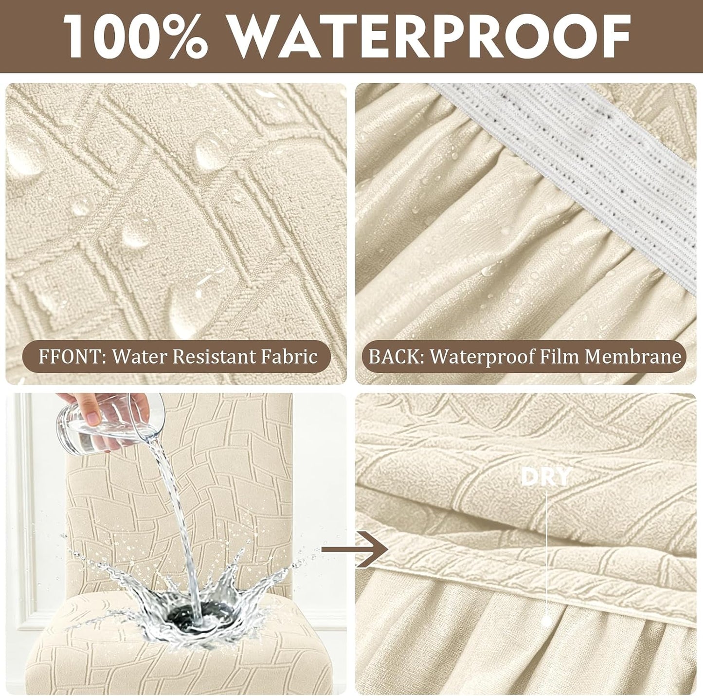 ZNSAYOTX 100% Waterproof Dining Chair Covers Set of 4, Stretch Fit Parson Chair Slipcovers for Kitchen/Living Room/Restaurant/Banquet Chairs, Soft Plaid Jacquard Washable Protector (Beige)