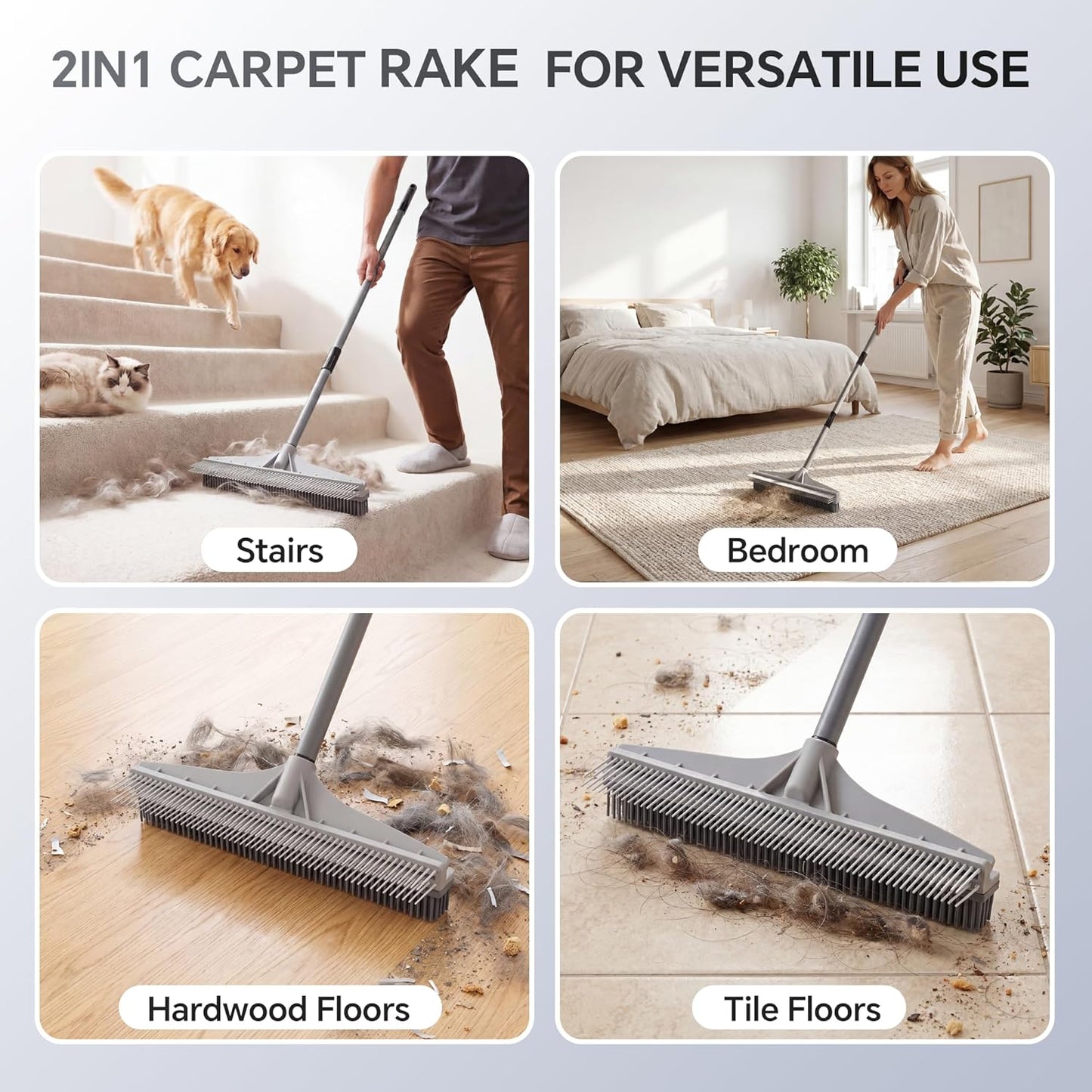 Walensee Carpet Rake for Pet Hair Removal, 2 in 1 Rug Rake to Fluff Carpet with Nylon Groomer Brush, Adjustable Long Handle for Shag Rugs, Stairs, Mats and Floors, Rubber Broom