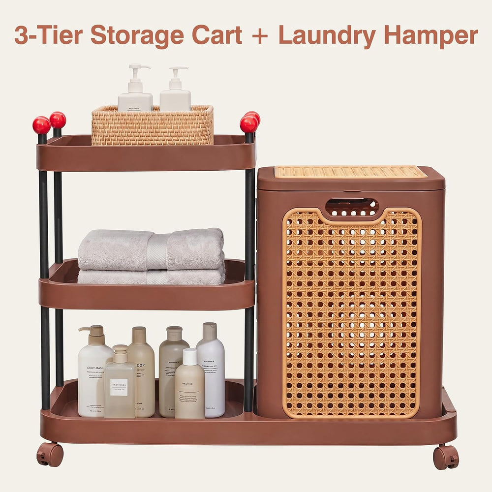 VECELO Rattan-Style Rolling Laundry Hamper Cart, 3-Tier Storage Shelf with Wh...