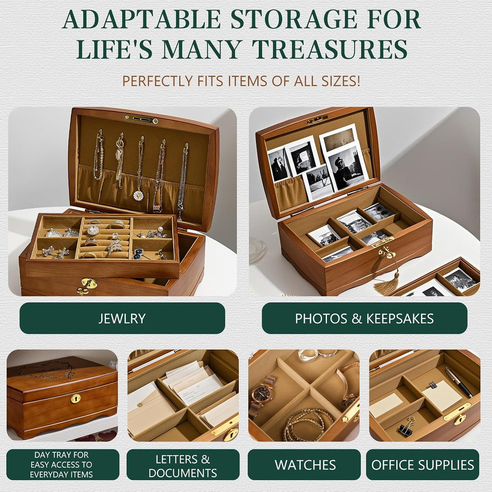 Personalized Wooden Jewelry Box, Customized Double Layer Retro Jewelry Organi...