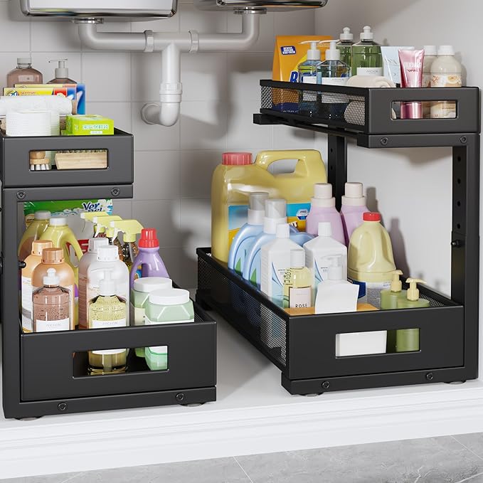 2 Pack 17IN Depth Under Sink Storage Organizer, Large 2-Tier Elegant Mesh Pull by UnderSinkOrganizer