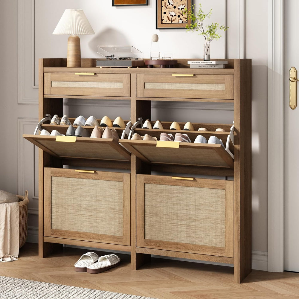 HOKYHOKY Large Rattan Shoe Storage Cabinet with 4 Flip Drawers & 2 Storages