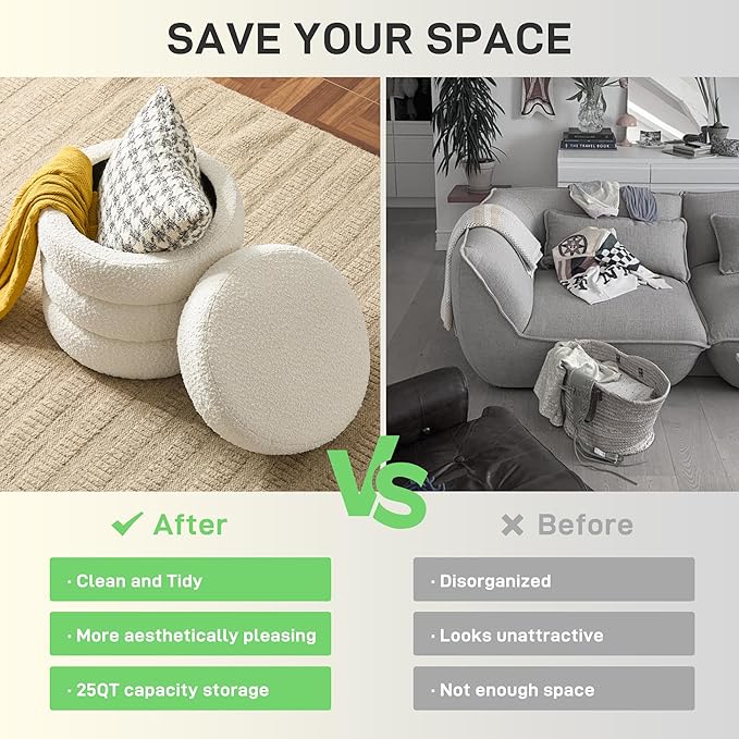 Round Ottoman with Storage Boucle Ottoman Stool with Storage Removable Lid - Image 4