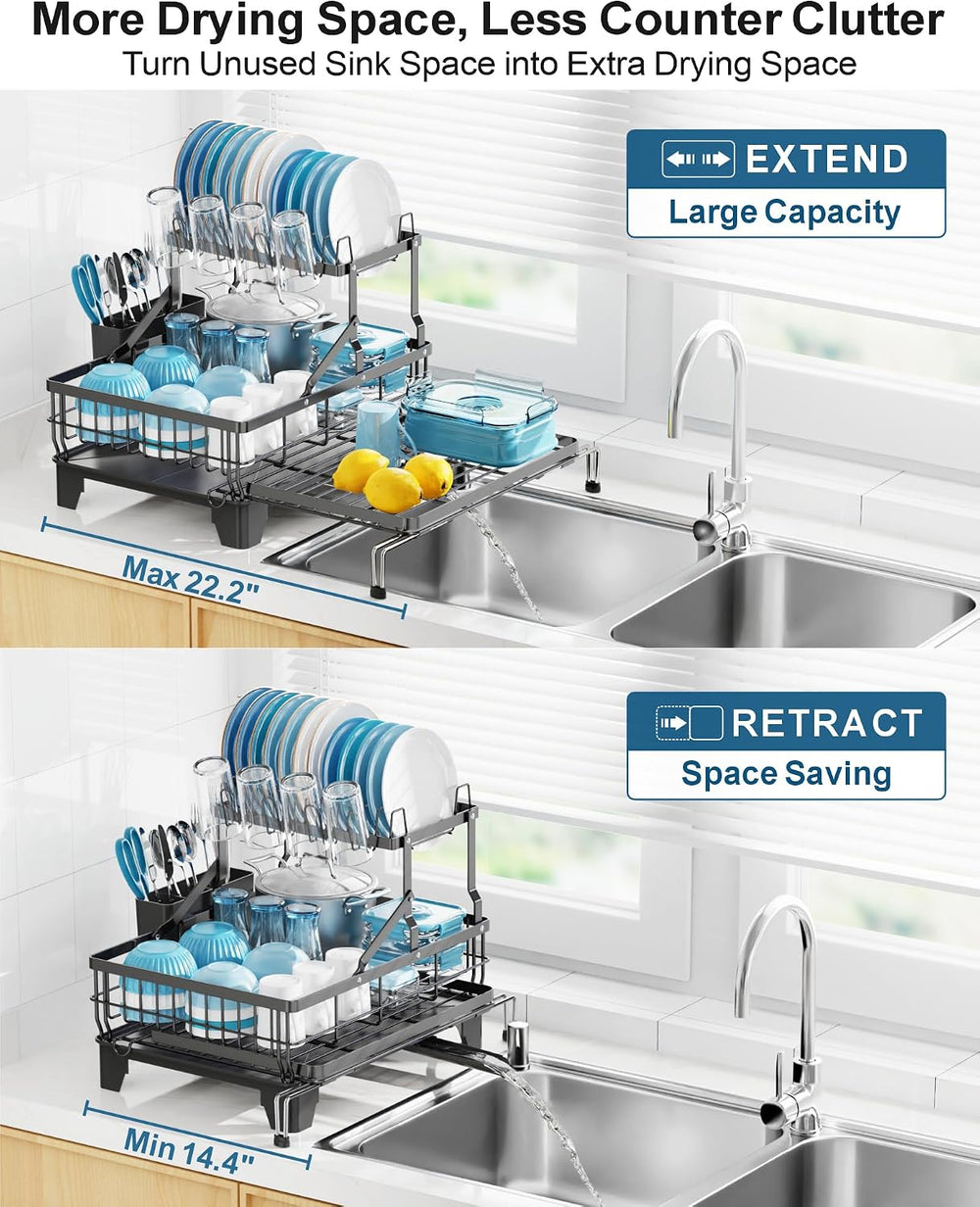 GSlife Large 2 Tier Dish Drying Rack - Expandable Over Sink & Counter Use
