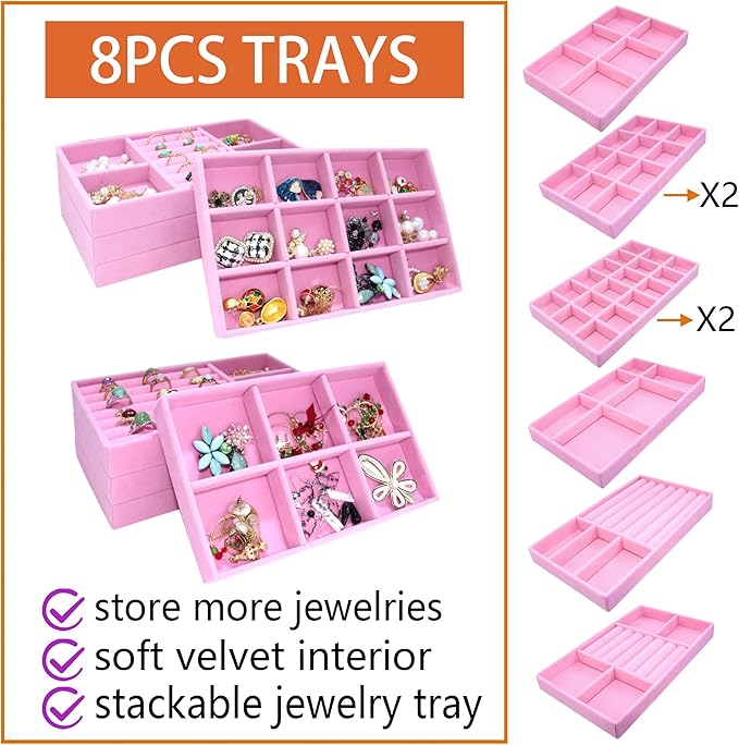 8 Pack Stackable Jewelry Trays Organizer Velvet Earring Organizer Jewelry Tray - Image 3