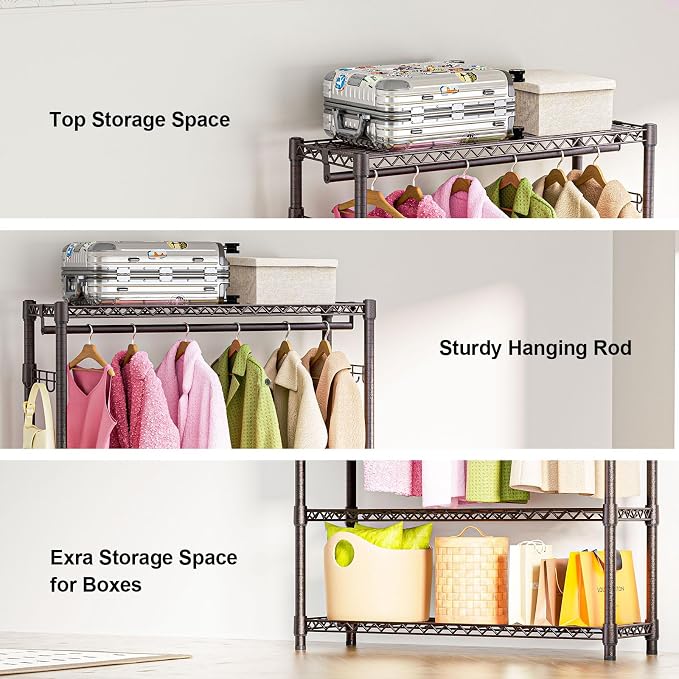 Heavy Duty Rolling Garment Rack 3 Tiers Adjustable Wire Shelving Clothes Rack - Image 3