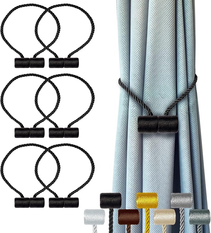 Hion Magnetic Curtain Tiebacks Black 6 Pack, Curtain Tiebacks Buckles Holdbacks by Hion