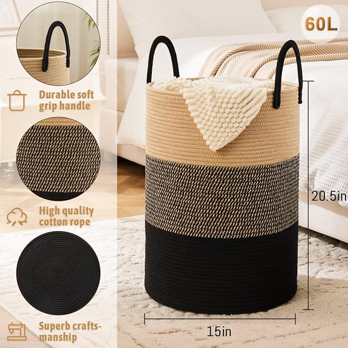 Laundry Basket, Woven Cotton Rope Laundry Hamper, 60L - Image 6
