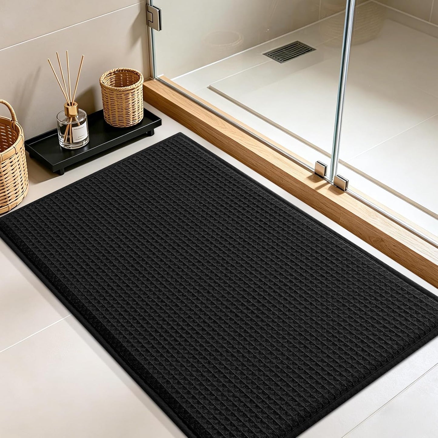 ACCUMTEK Memory Foam Bath Mat, Ultra Soft Absorbent Waffle Bathroom Rugs, Super Non-Slip PVC Backing Bath Rug Quick Dry, Machine Washable Rug for Tub, Shower, Home Decor Accessory, 24" x 17", Black