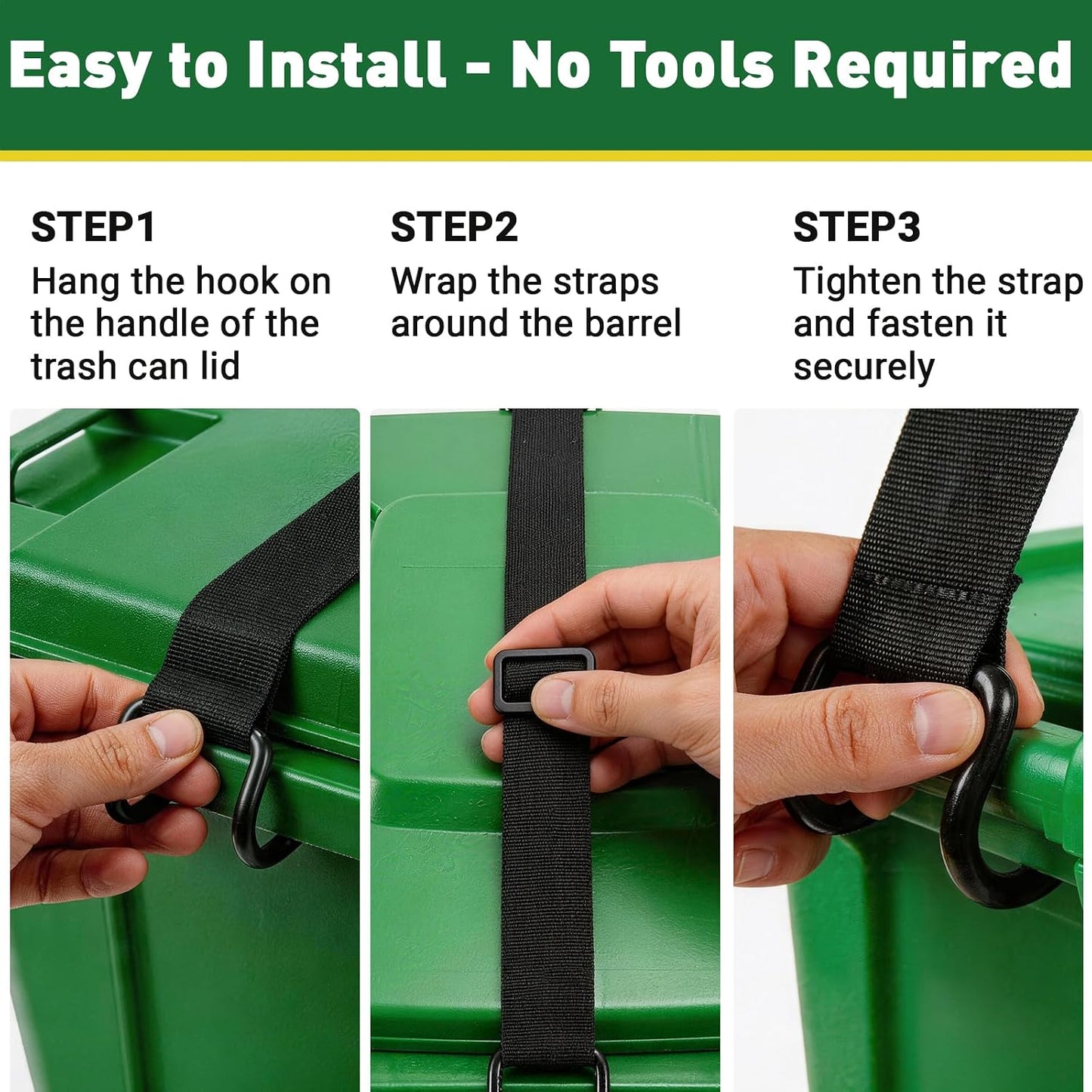 ANKS Heavy Duty Bear & Raccoon Proof Trash Can Lock - Metal Hook | Windproof, 20-35" Adjustable Strap, Fits 28-96 Gal Bins, tool-free, Non-slip double claw design,Black.
