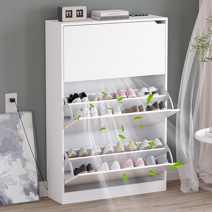 Shoe Cabinet with Odor Control and Back Panels, Deodorizing Slim 3-Flip Shoe by BORNOON