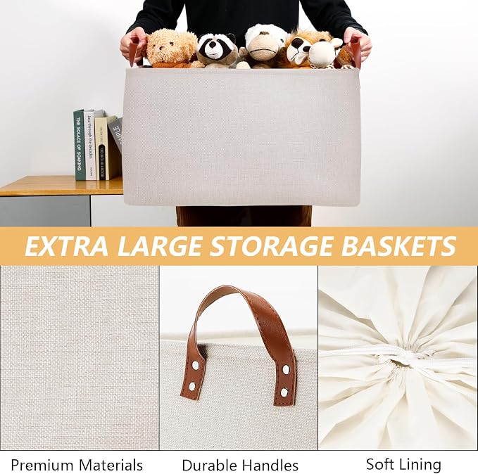 DULLEMELO Large Beige Storage Basket 70L Oversized Canvas Fabric Storage Bin - Image 4