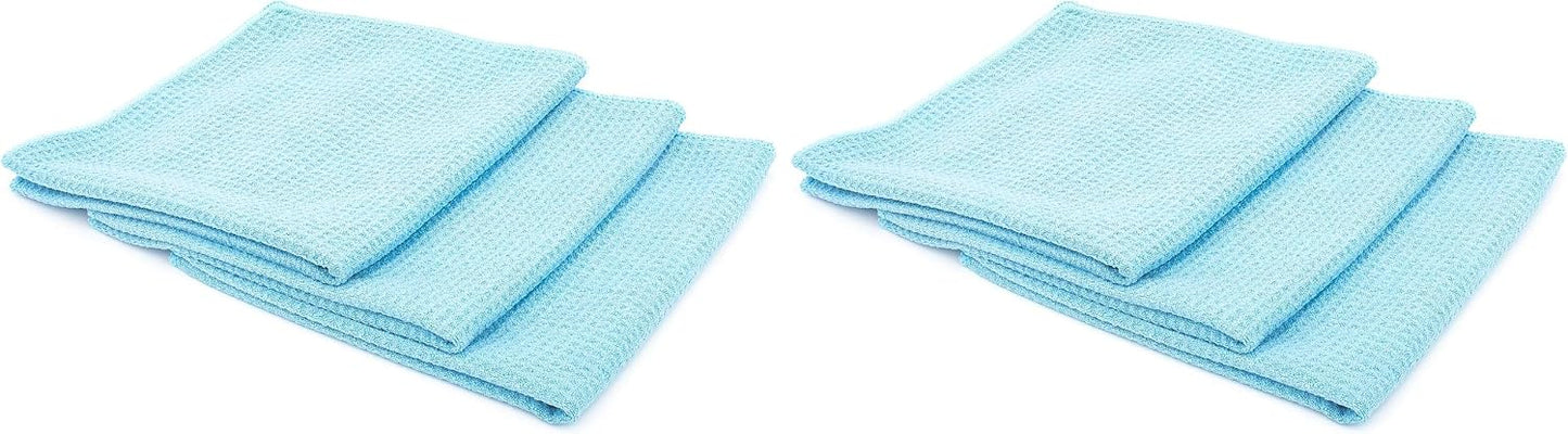 The Rag Company - Standard Waffle Weave Towels, Microfiber Detailing, Window/Glass and Drying, Wax & Polish, Lint-Free, Streak-Free, 370gsm, 16in x 16in, Light Blue (6-Pack)