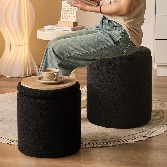Round Ottoman with Storage Set of 2-Upholstered Sherpa Vanity Stool - Image 2