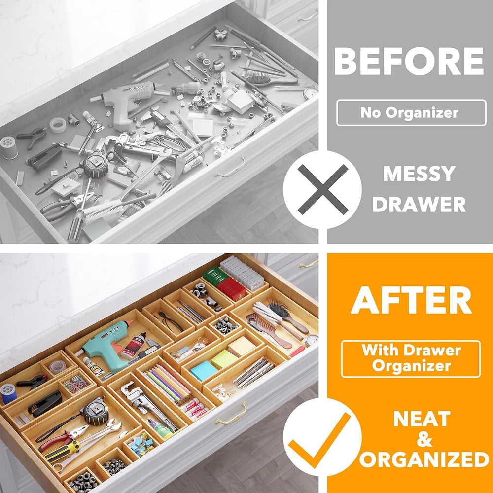 SpaceAid 21-Piece Bamboo Drawer Organizer Storage Boxes Set, Wood Tray Junk D...