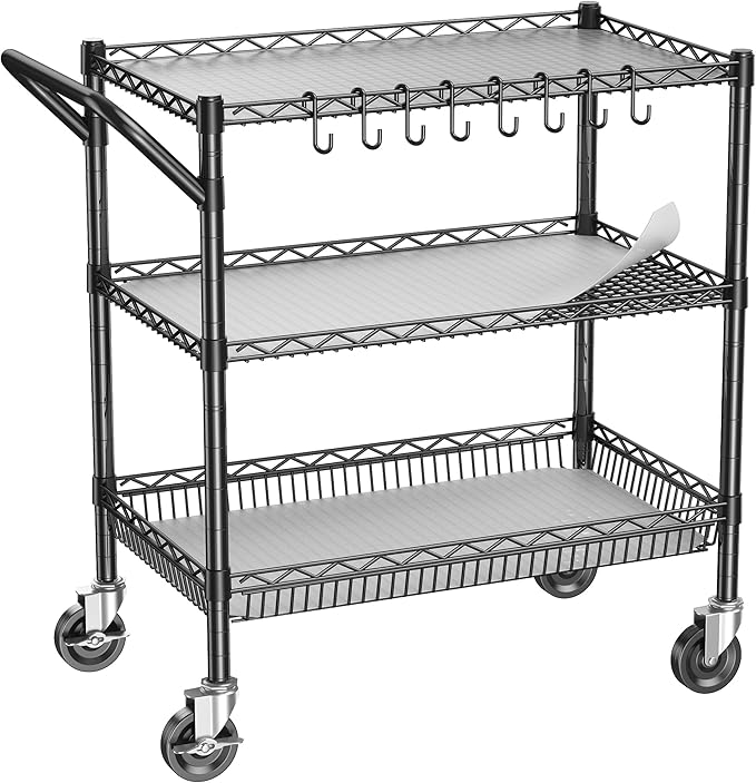 3 Tier Metal Cart with Wheels, Heavy Duty Utility Rolling Cart 1050lbs by Alexayhome